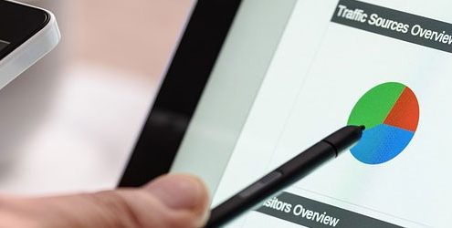 Mano che tiene una penna e indica grafici sullo schermo di un notebook