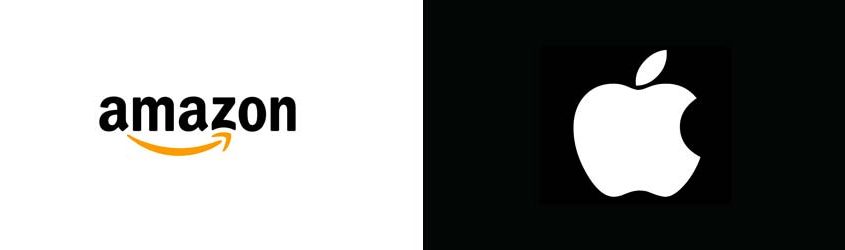 Logo di Amazon su sfondo bianco e Logo di Apple su sfondo nero