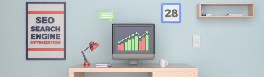 Link Building: illustrazione di uno studio con scrivania con sopra un computer che mostra delle statistiche, accanto una lampada e dall'altra parte una tazza. Appesi al muro ci sono una mensola, un calendario, un post-it e un poster con scritto "Search Engine Optimization"