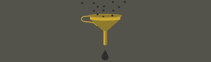 funnel: imbuto giallo in cui entrano piccole gocce grige e ne esce solo una grande